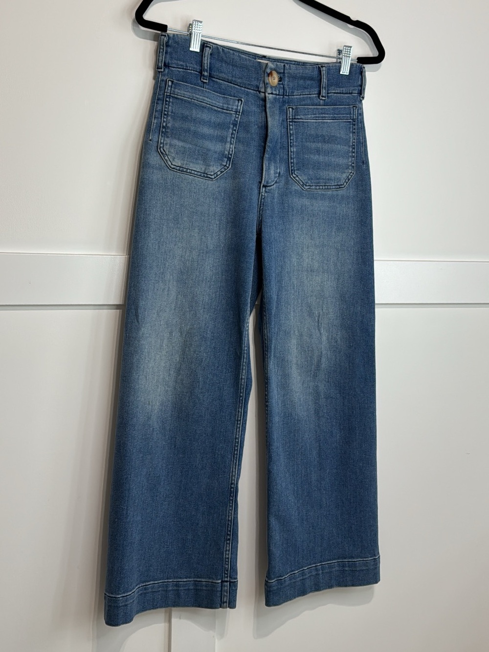 Maeve The Colette Cropped Wide Leg patch pocket jeans blue denim size 27